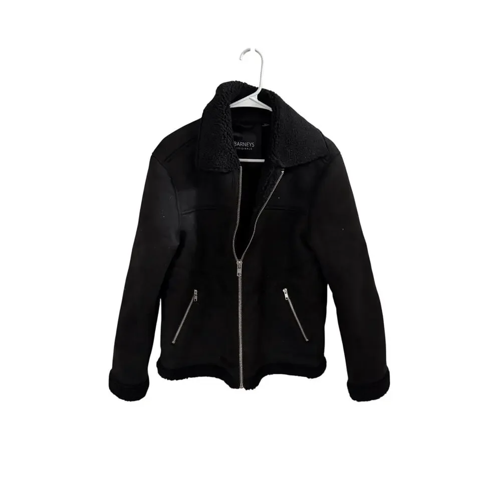 Barneys Original blk faux suede borg Lined Aviator Jacket sherpa-lined bkr sz S - Picture 6 of 13